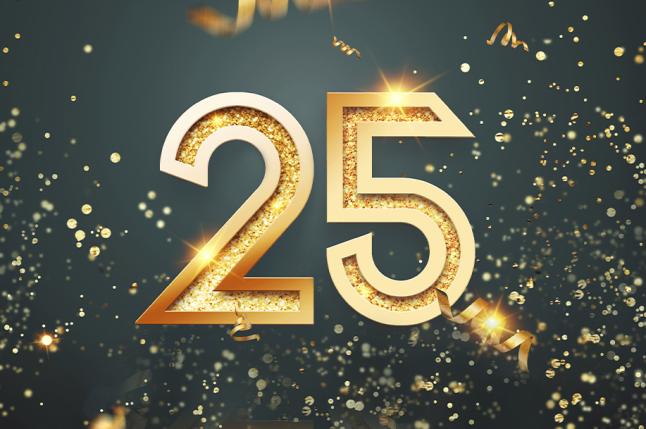 Siffran 25 i guld. Framför och bakom flyger guldfärgat konfetti.